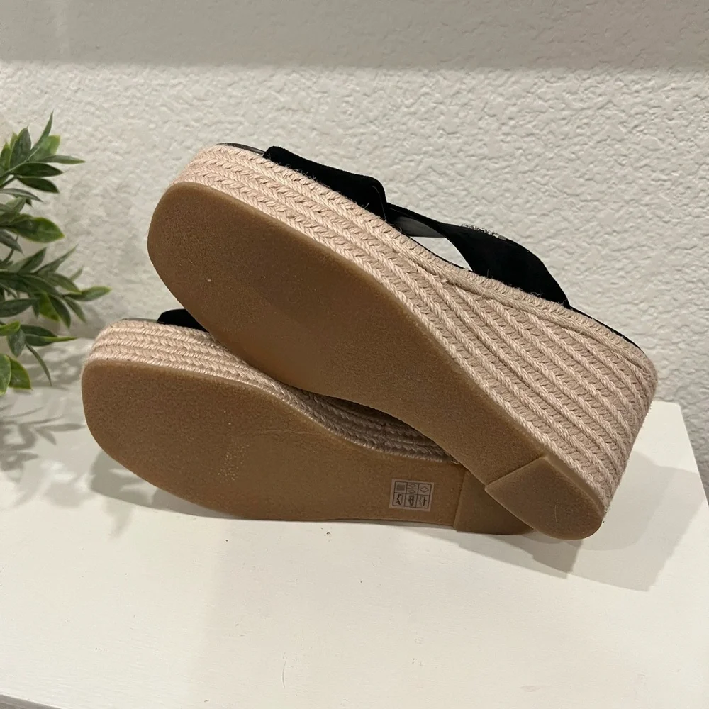 DKNY Black Suede Crisscross Espadrille Wedge Sandals